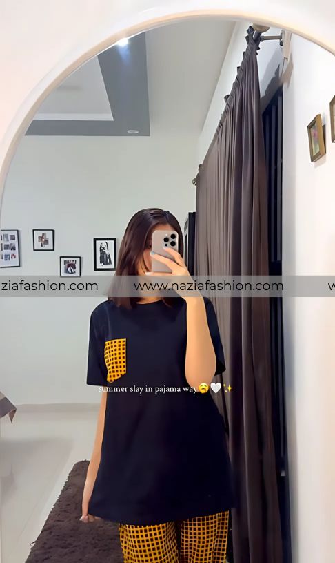 Yellow and Black Check Pocket Printed Night Suit