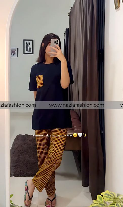 Yellow and Black Check Pocket Printed Night Suit