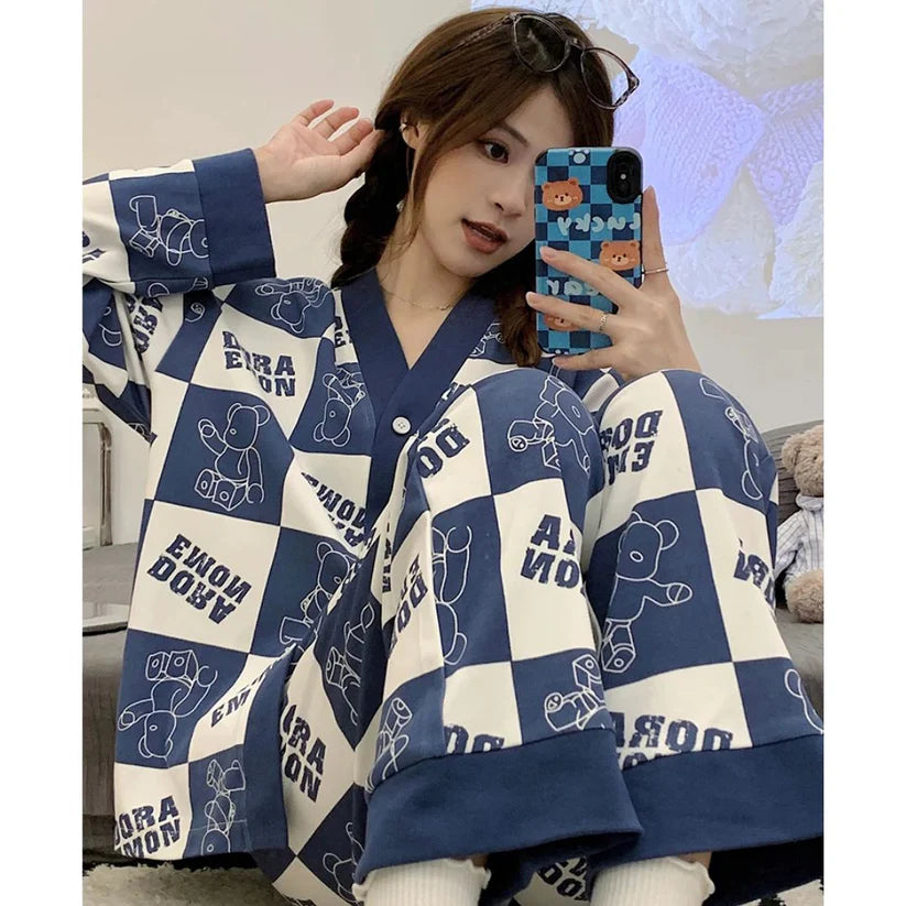 White with Blue Doraemon V-Neck Button Printed Night Suit