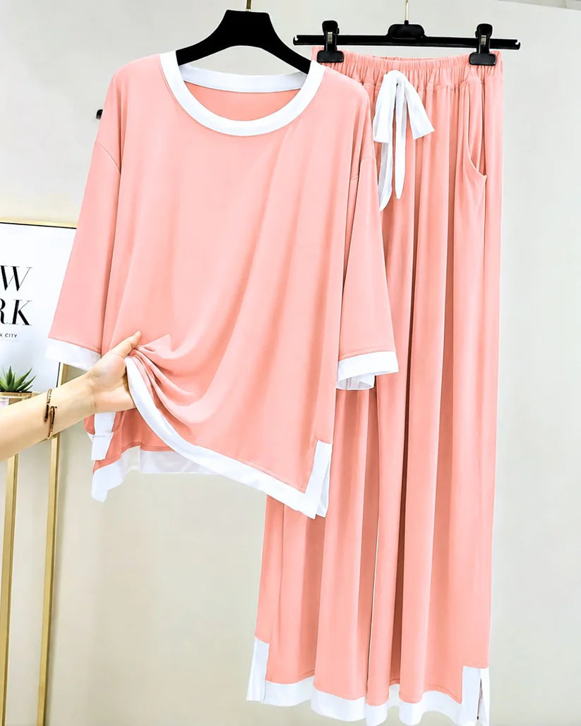 Rose Pink White Round Neck Plazo Night Suit