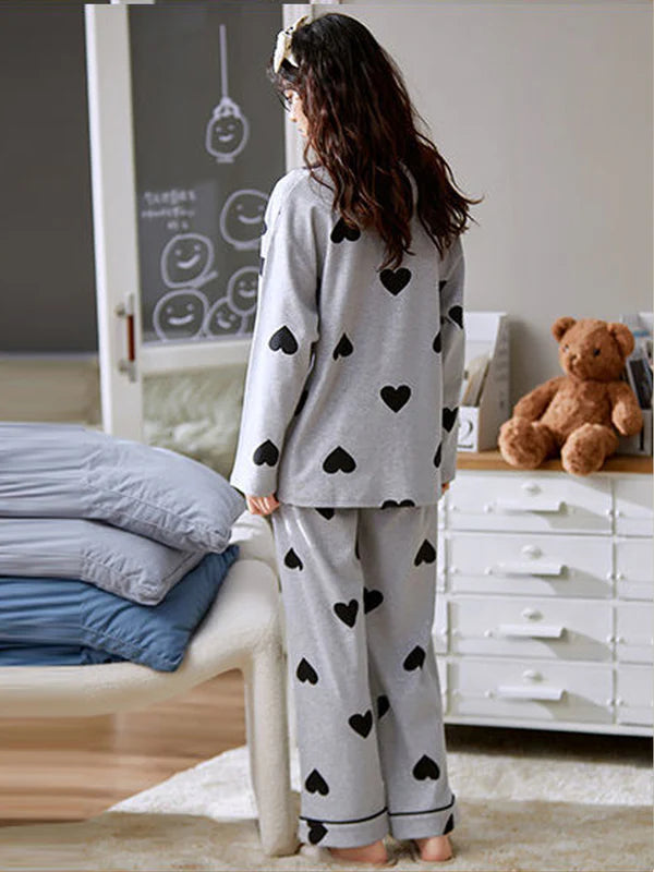 Grey Black Multi Hearts Printed Night Suit