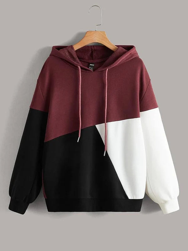Maroon Black and White Cut and Sew Kangaroo Hoodie For Women