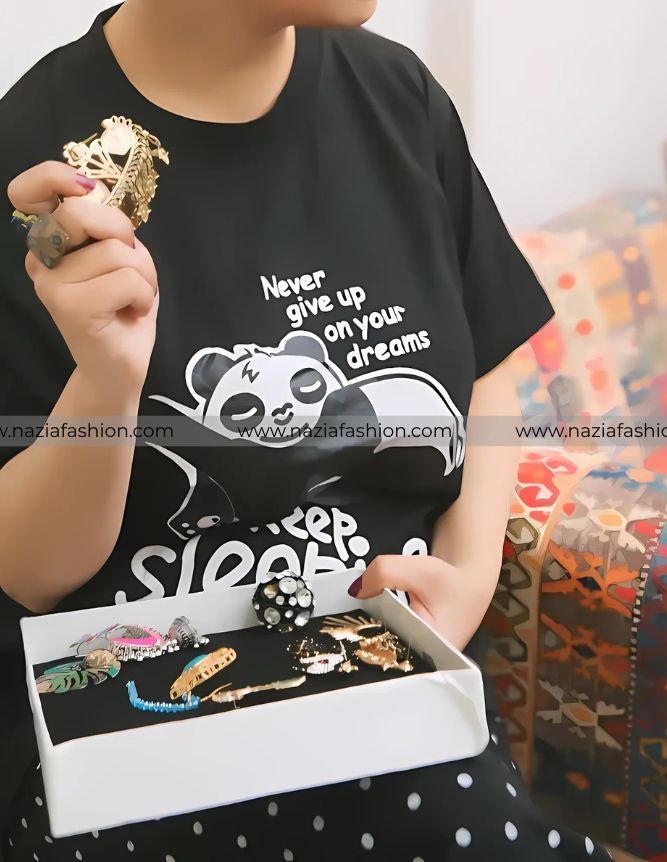 Black Never Give up Printed Night Suit