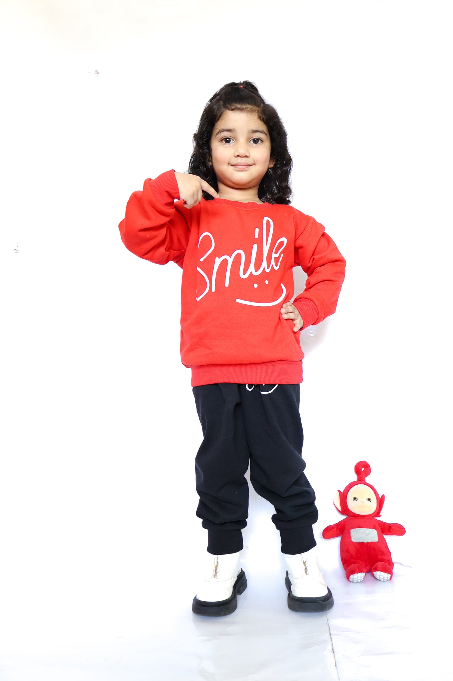 Red Smiley Printed Sweatshirt With Trouser For Kids