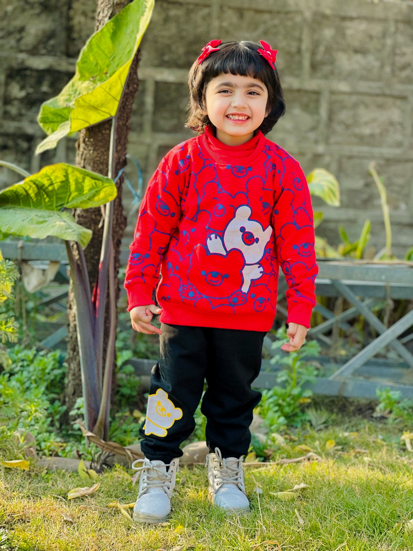 Red Bears Print Sweatshirt With Trouser For Kids (2 Piece)