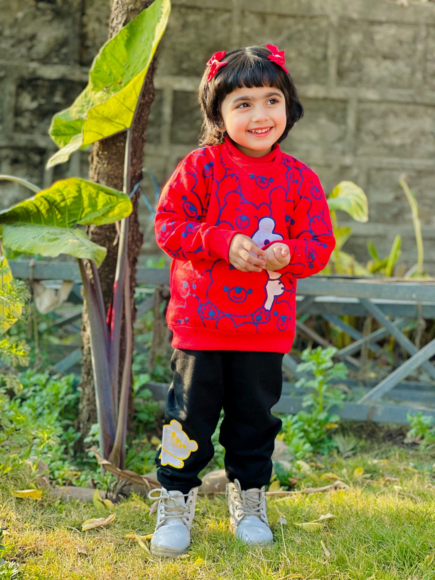 Red Bears Print Sweatshirt With Trouser For Kids (2 Piece)