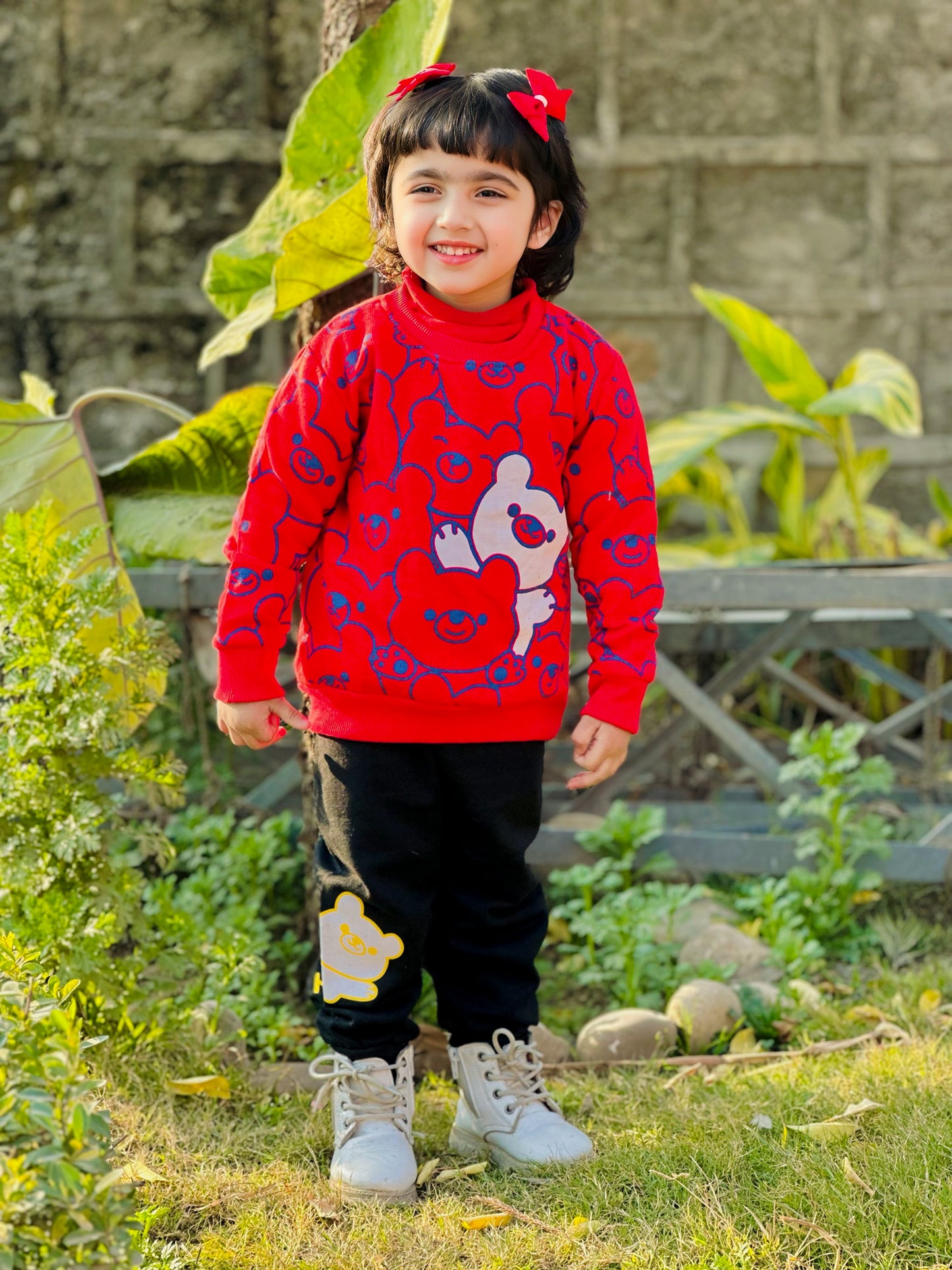 Red Bears Print Sweatshirt With Trouser For Kids (2 Piece)