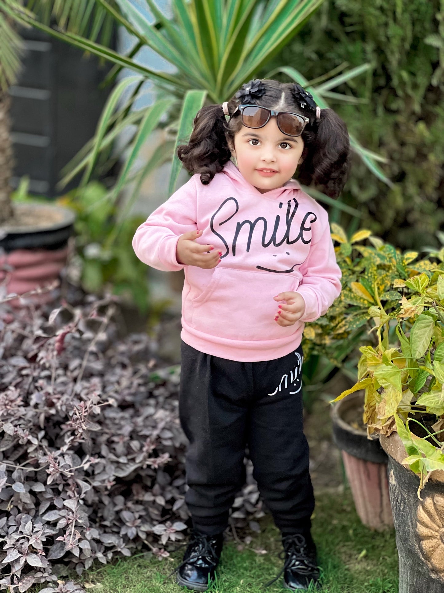Pink Smiley Printed Hoodie With Trouser For Kids