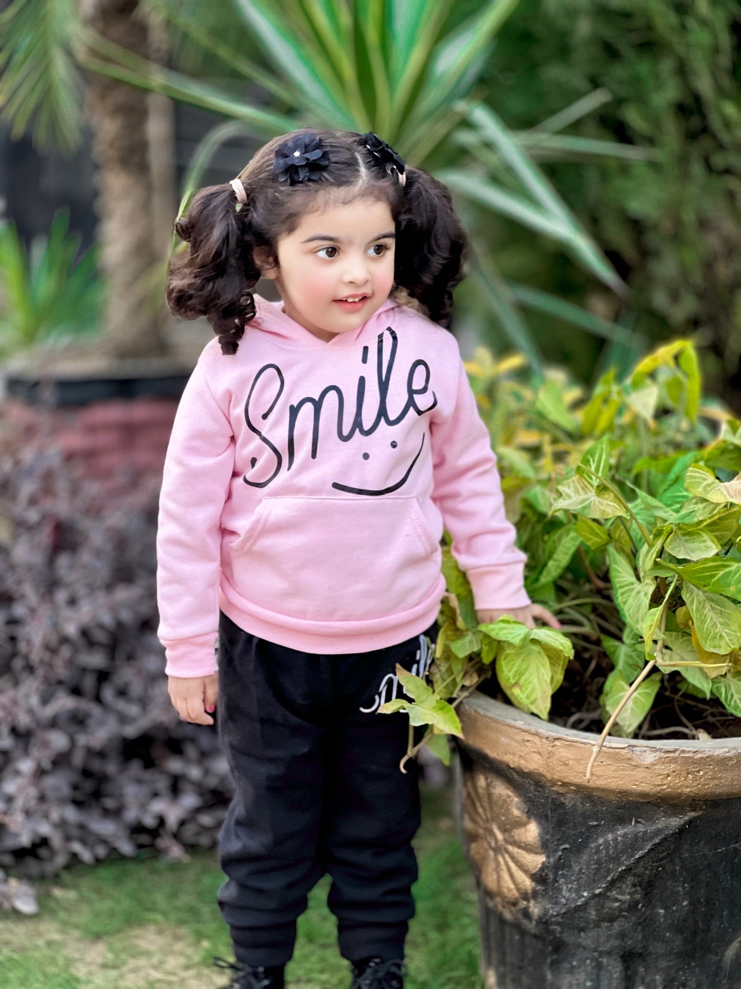 Pink Smiley Printed Hoodie With Trouser For Kids
