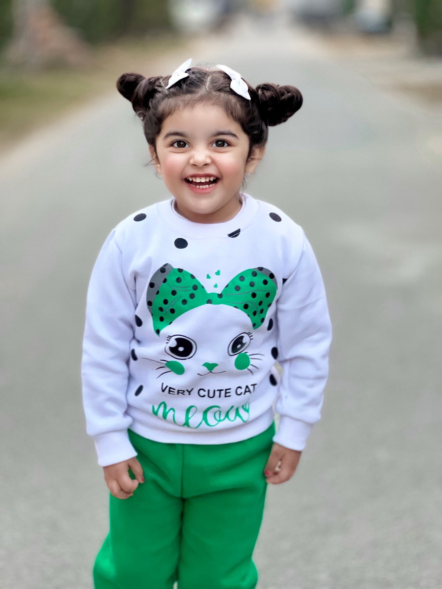 White Meow Printed Sweatshirt With Trouser For Kids