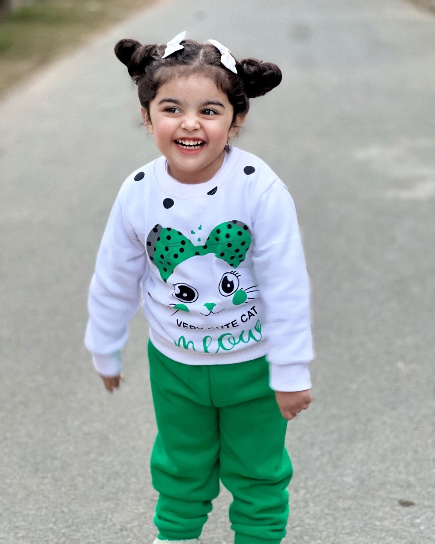 White Meow Printed Sweatshirt With Trouser For Kids