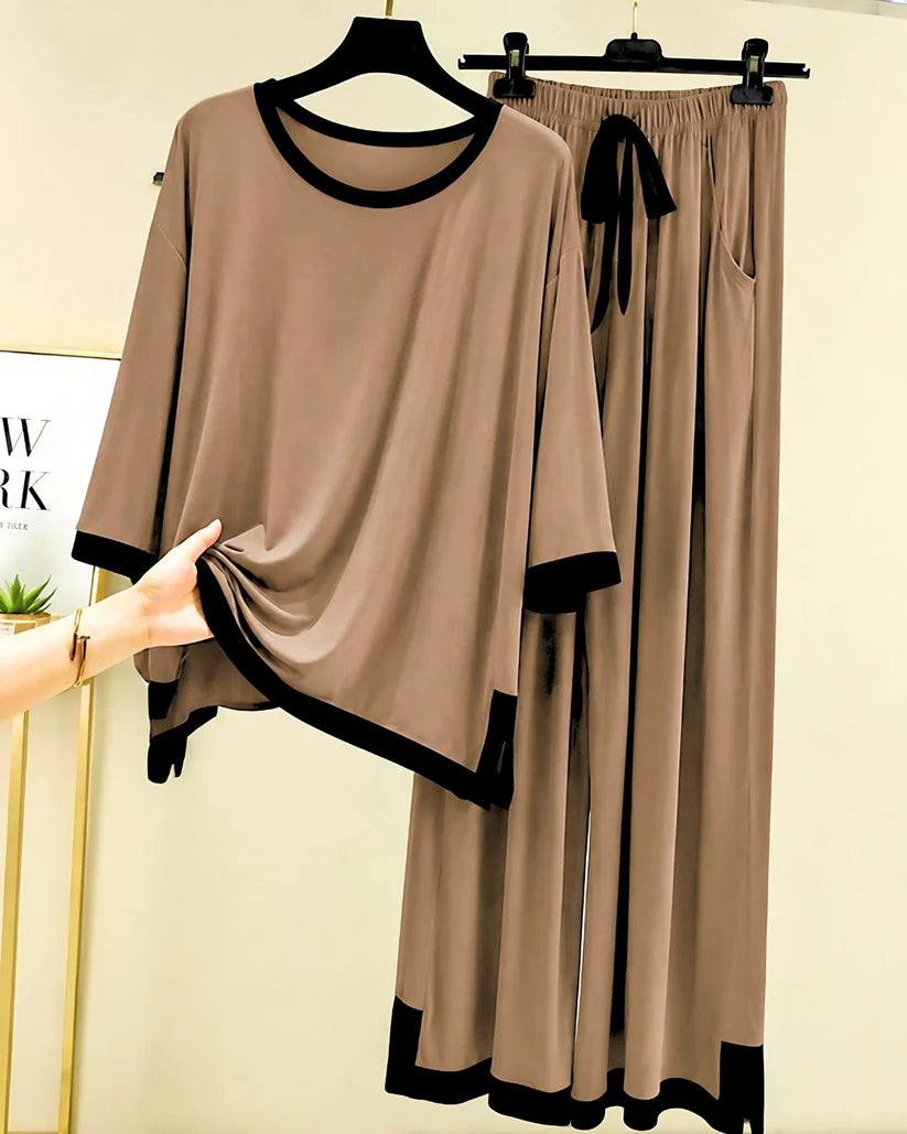 Coffee Brown Black Round Neck Plazo Night Suit
