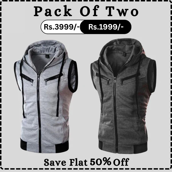 Grey With Charcoal Sleeveless Hooded Zipper Pack Of Two