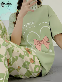 Olive Green Printed Night Suit