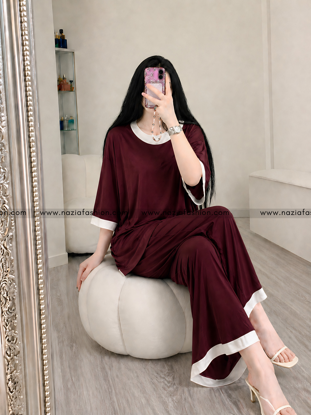 Maroon White Round Neck Plazo Night Suit