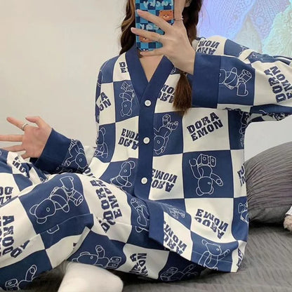 White with Blue Doraemon V-Neck Button Printed Night Suit