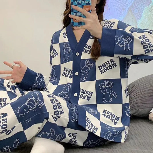 White with Blue Doraemon V-Neck Button Printed Night Suit