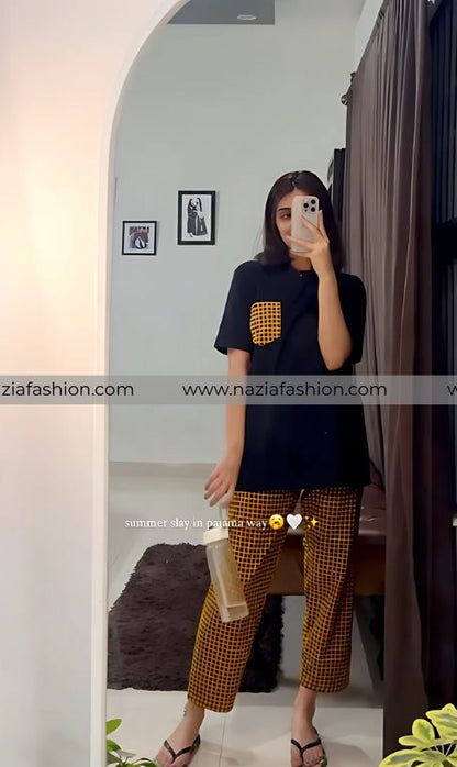 Yellow and Black Check Pocket Printed Night Suit