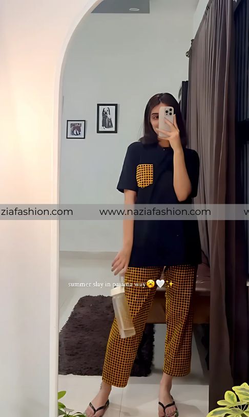 Yellow and Black Check Pocket Printed Night Suit