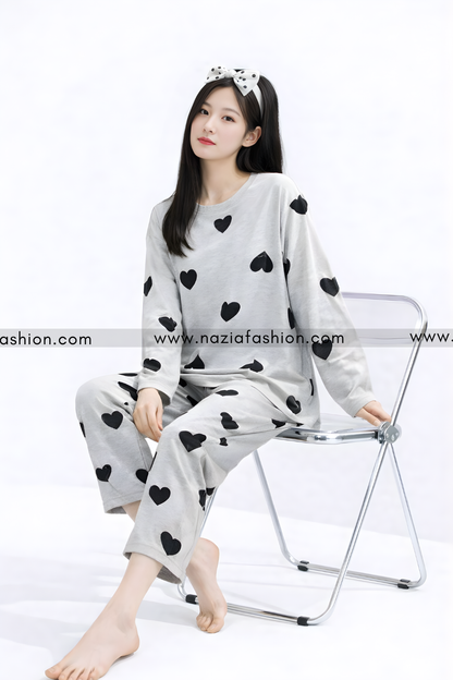 Grey Black Multi Hearts Printed Night Suit