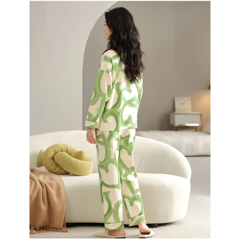 Green Hearts V-Neck Button Printed Night Suit