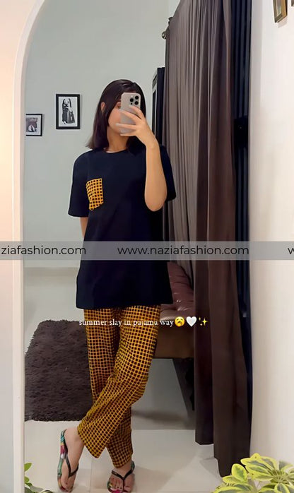 Yellow and Black Check Pocket Printed Night Suit