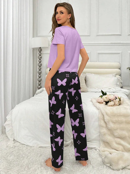 Purple Heart & Butterfly Printed Night Suit