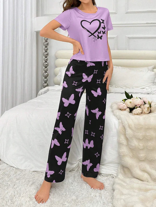 Purple Heart & Butterfly Printed Night Suit