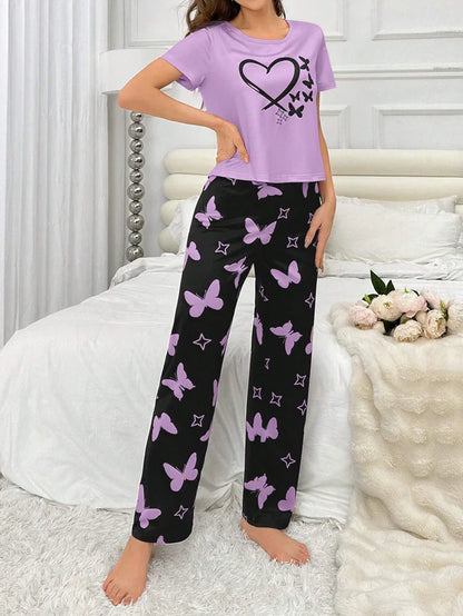 Purple Heart & Butterfly Printed Night Suit