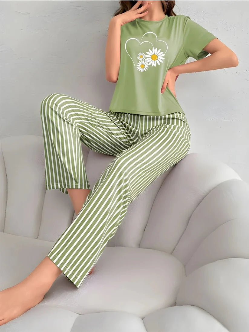 Green Sunflowers Heart Printed Night Suit