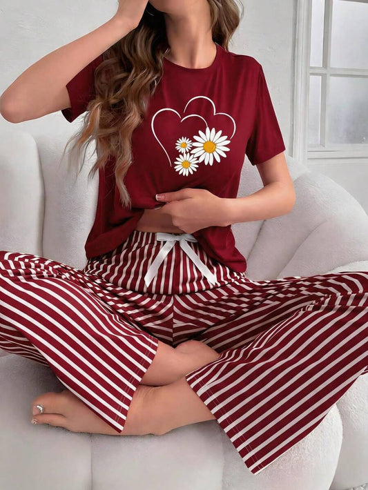 Maroon Sunflowers Heart Printed Night Suit