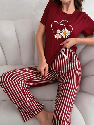 Maroon Sunflowers Heart Printed Night Suit