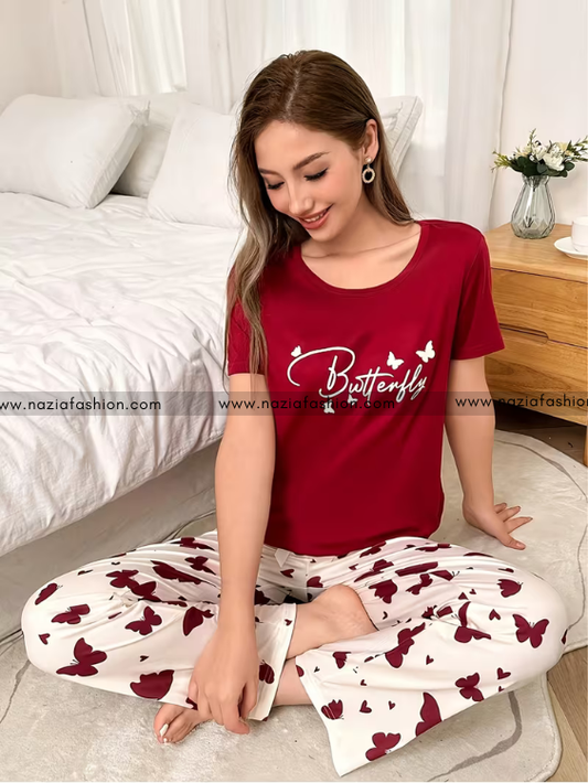 Mehroon Small Butterfly Printed Night Suit