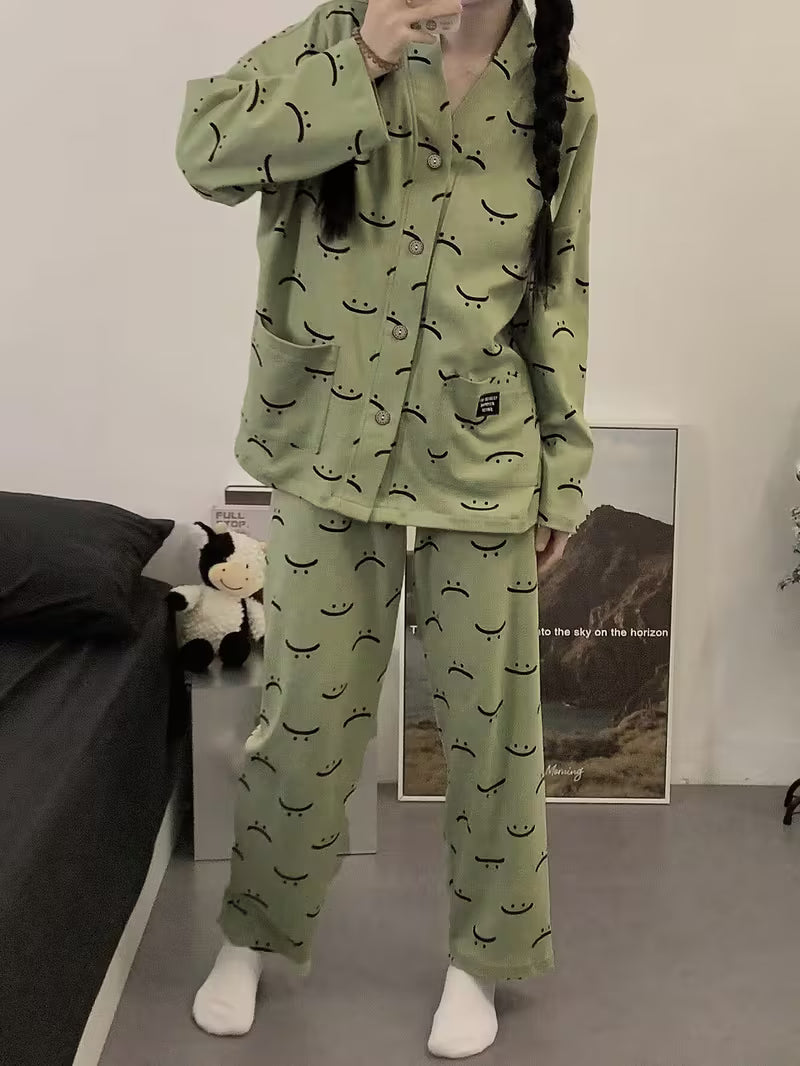 Green Autumn Smiley V-Neck Button Printed Night Suit