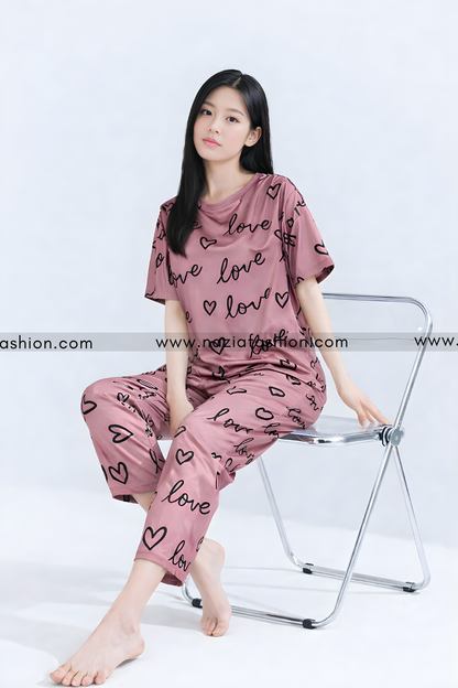 T-Pink Love Heart Printed Night Suit