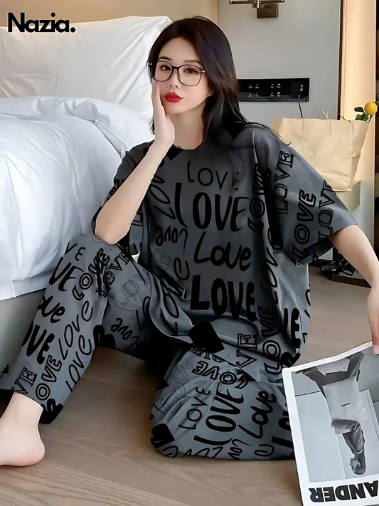 Charcoal Drop Shoulder Printed Night Suit