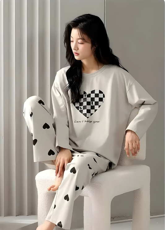 Grey Puzzle Heart Printed Night Suit