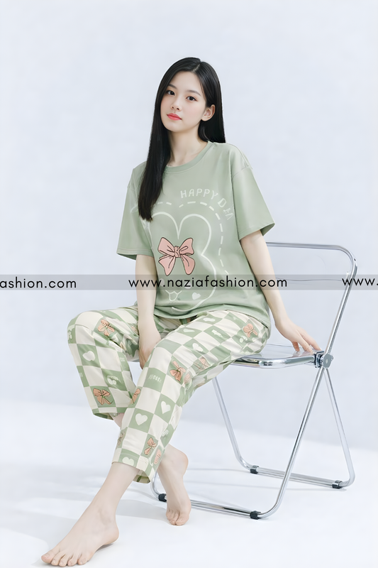 Olive Green Printed Night Suit