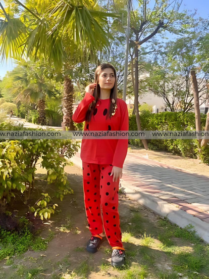 Red Smiley Full Sleeves Printed Pajama Night Suit