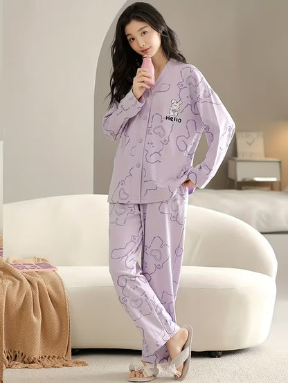Lilac Love Bunny Printed V-Neck Button Printed Night Suit