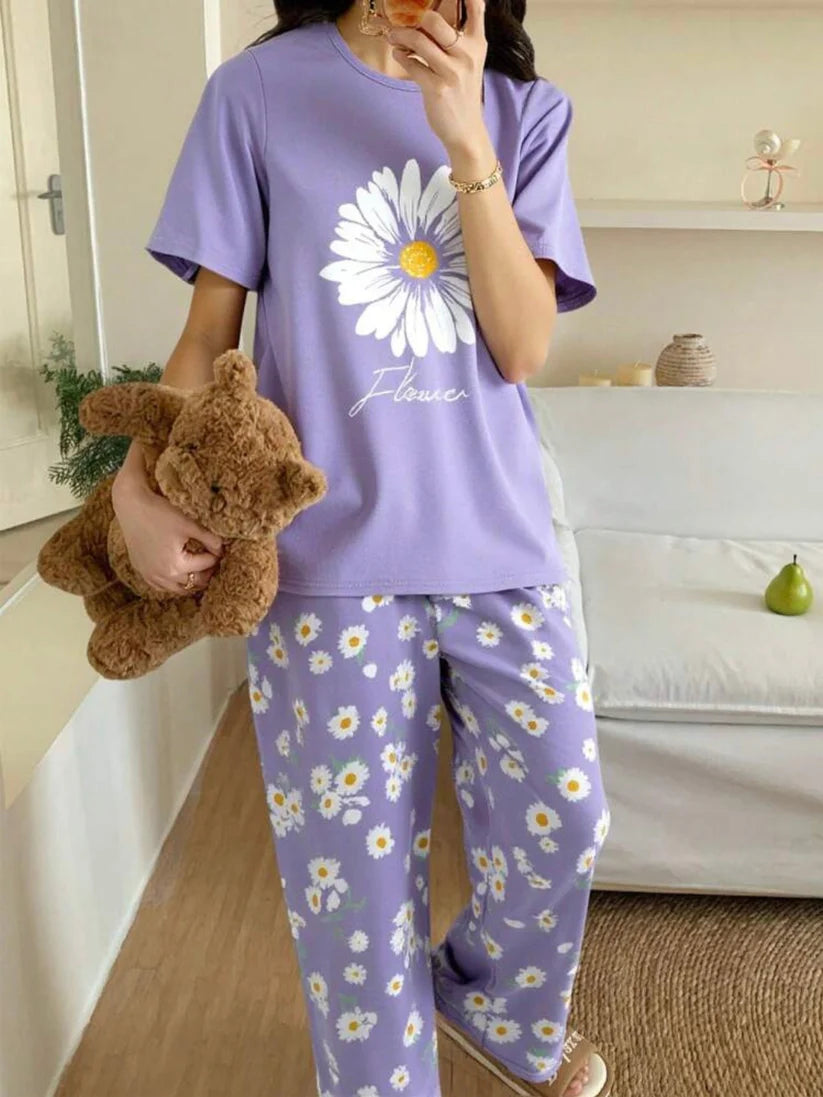 Purple Floral Printed Night Suit