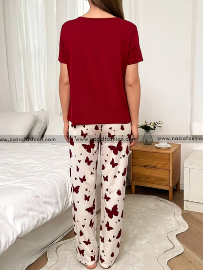 Mehroon Small Butterfly Printed Night Suit