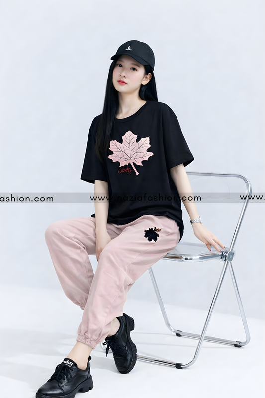 Pink Maple Leaf Printed Night Suit