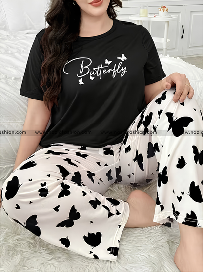 Black Small Butterfly Printed Night Suit