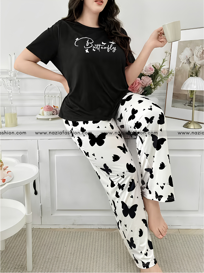 Black Small Butterfly Printed Night Suit