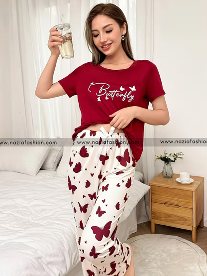 Mehroon Small Butterfly Printed Night Suit