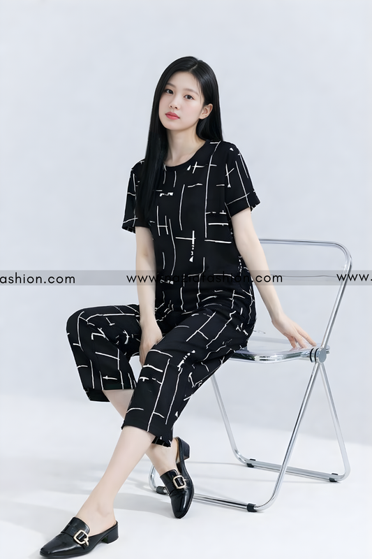Black Printed Capri Night Suit