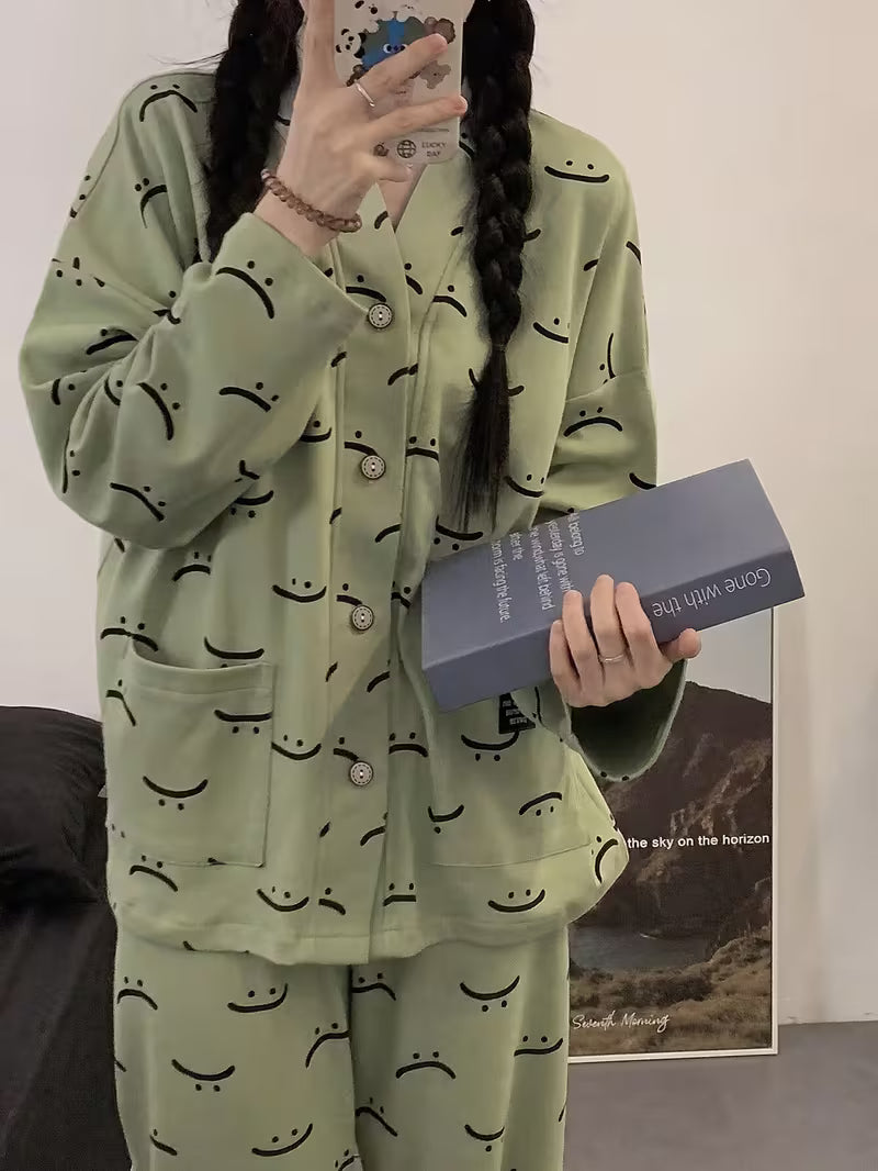 Green Autumn Smiley V-Neck Button Printed Night Suit