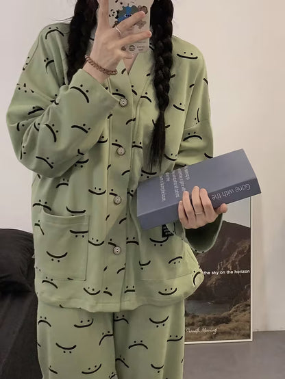 Green Autumn Smiley V-Neck Button Printed Night Suit