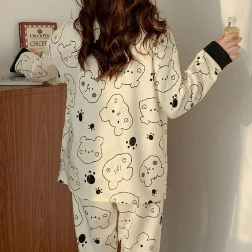 Cream With Black Bears V-Neck Button Printed Night Suit